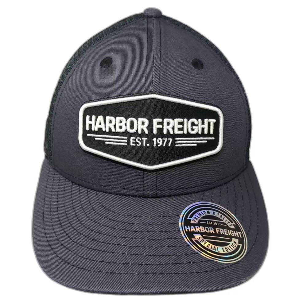 Harbor Freight Trucker Hat Gray Black Snapback OS Embroidered Patch Mesh Back